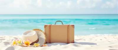 Vintage Suitcase And Straw Hat On Tropical Beach