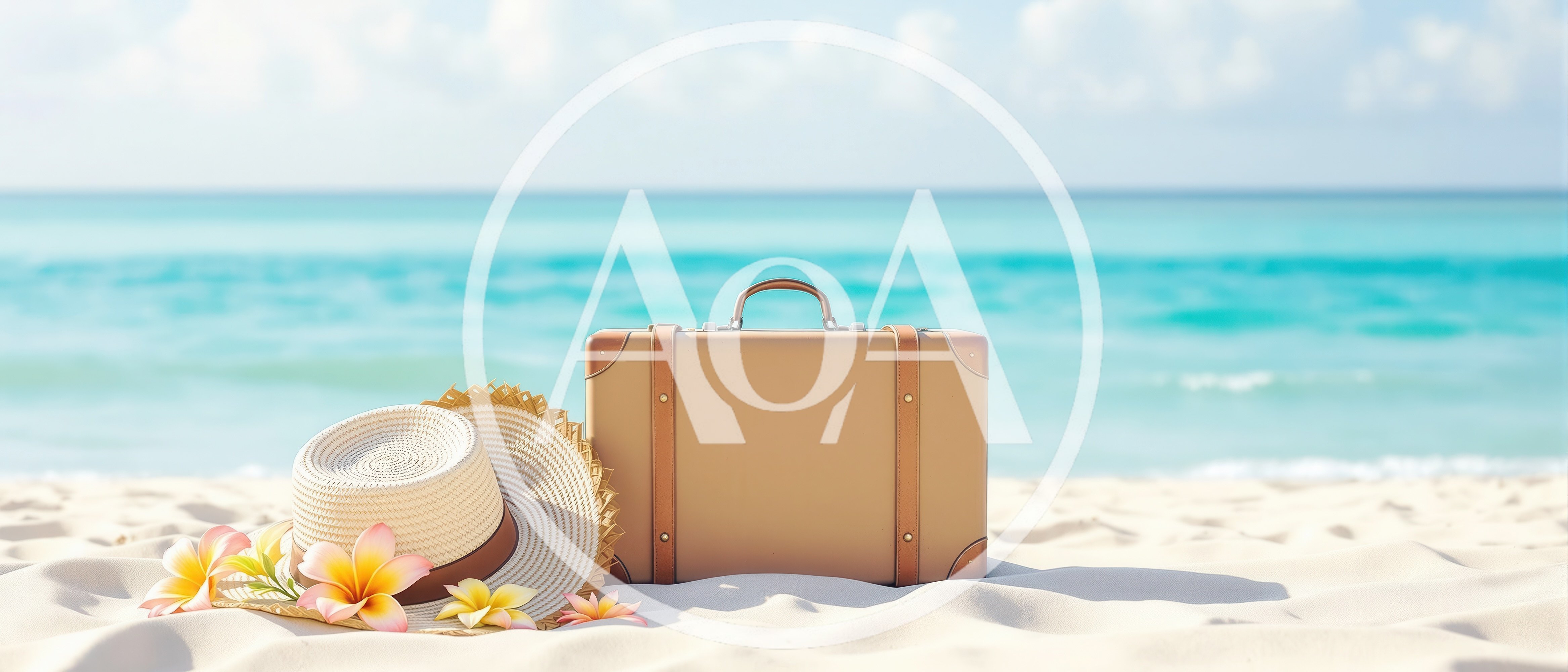 Vintage Suitcase And Straw Hat On Tropical Beach