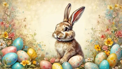 Cute Easter Bunny Sitting Among Colorful Decorated Eggs