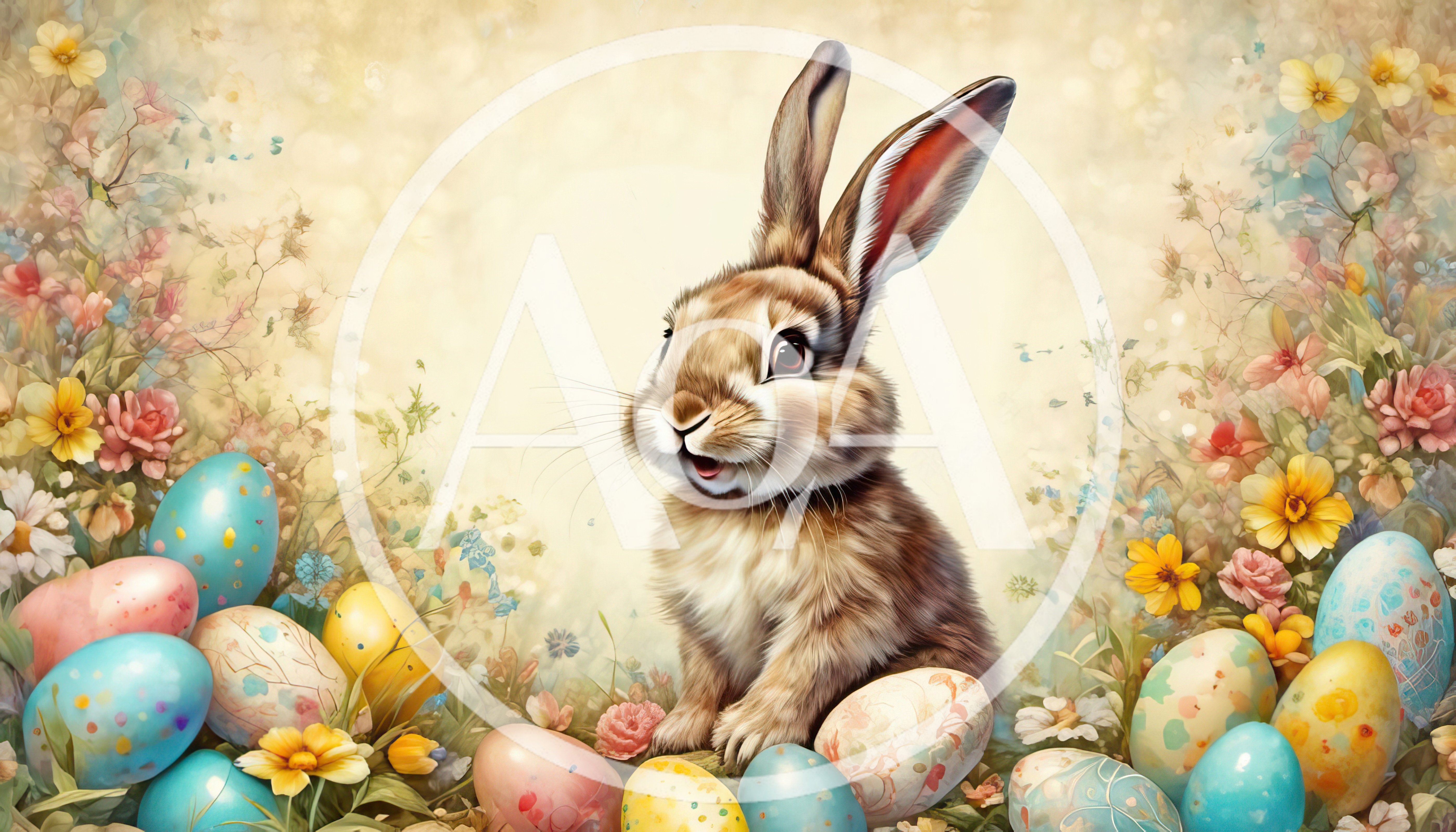 Cute Easter Bunny Sitting Among Colorful Decorated Eggs