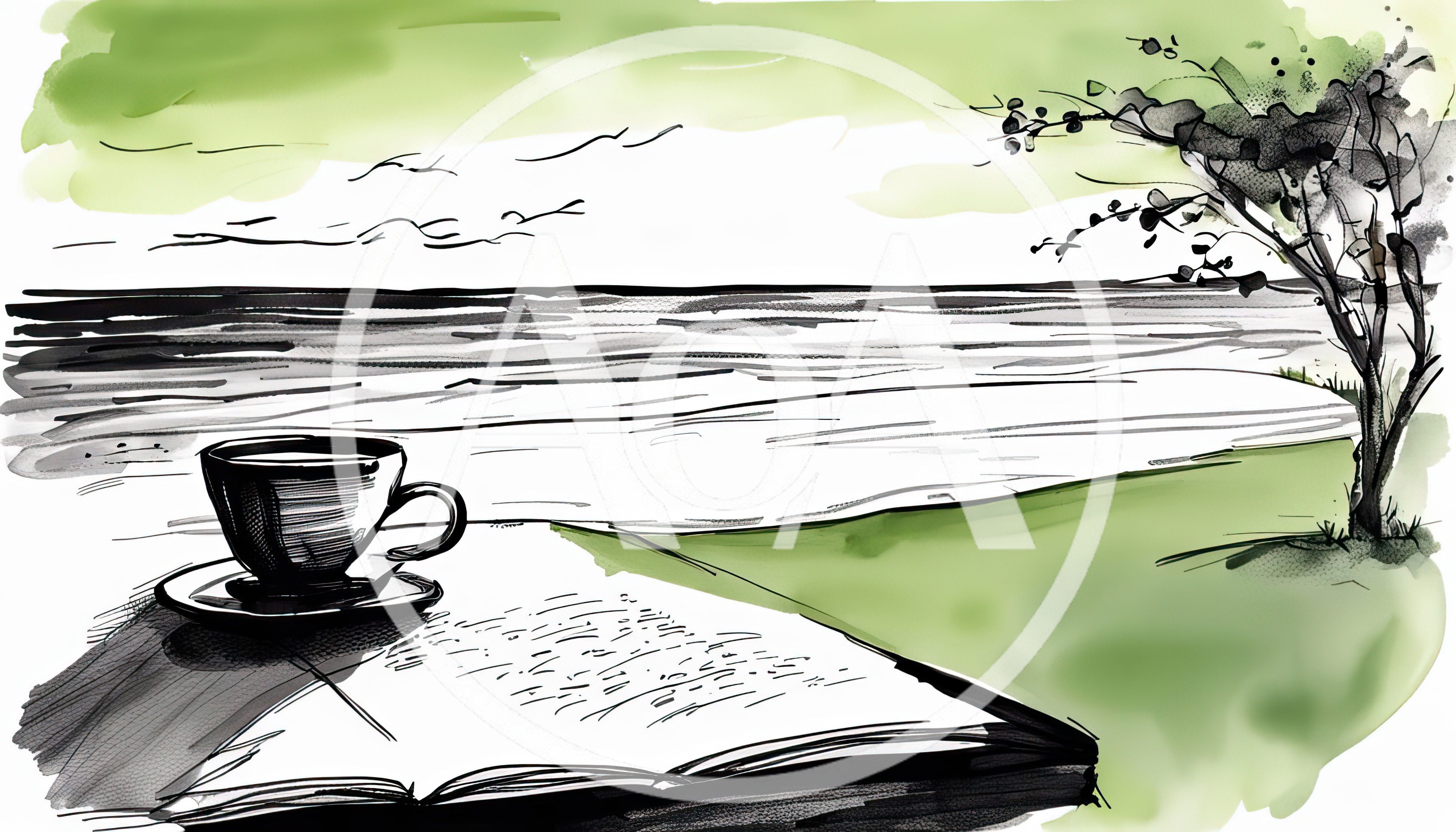 Coffee Cup And Open Book By The Sea