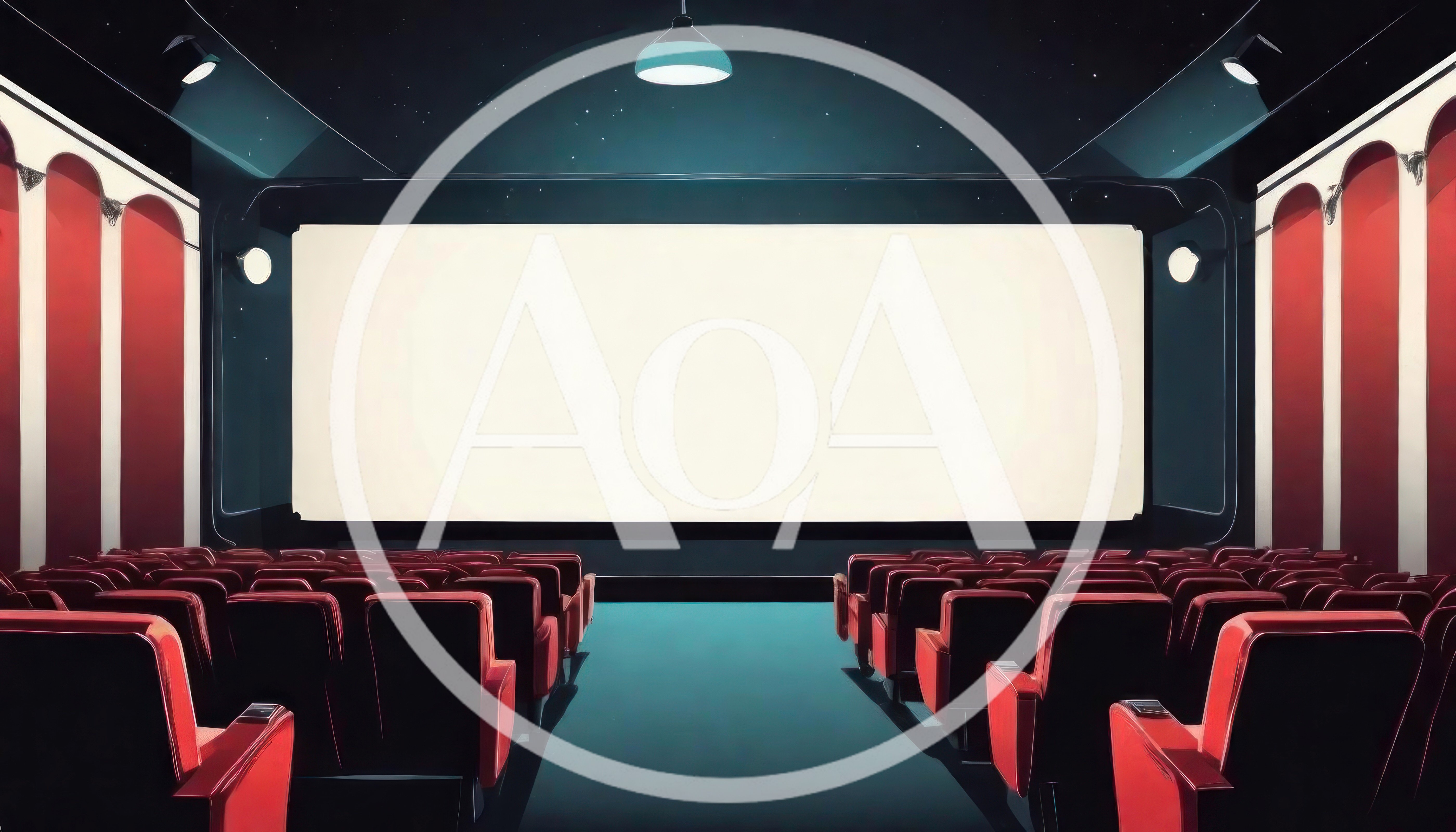 Empty Movie Theater With Red Seats And Large Screen