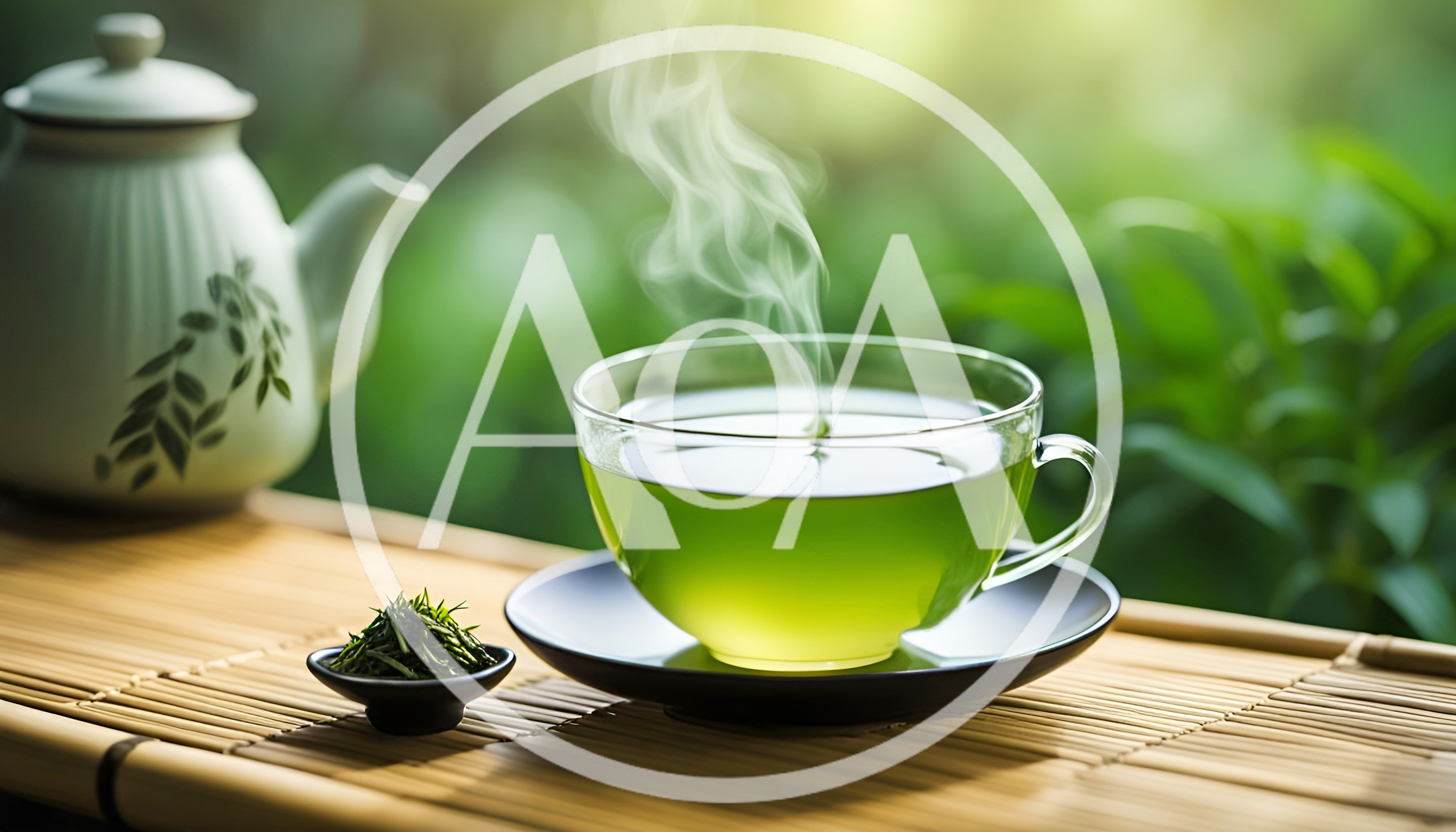 Steaming Cup Of Green Tea On Bamboo Mat