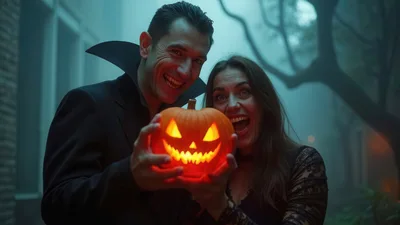Couple Dressed As Vampires Holding A Glowing Jack O Lantern