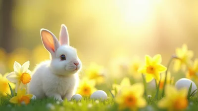 Cute White Bunny Sitting Among Yellow Daffodils
