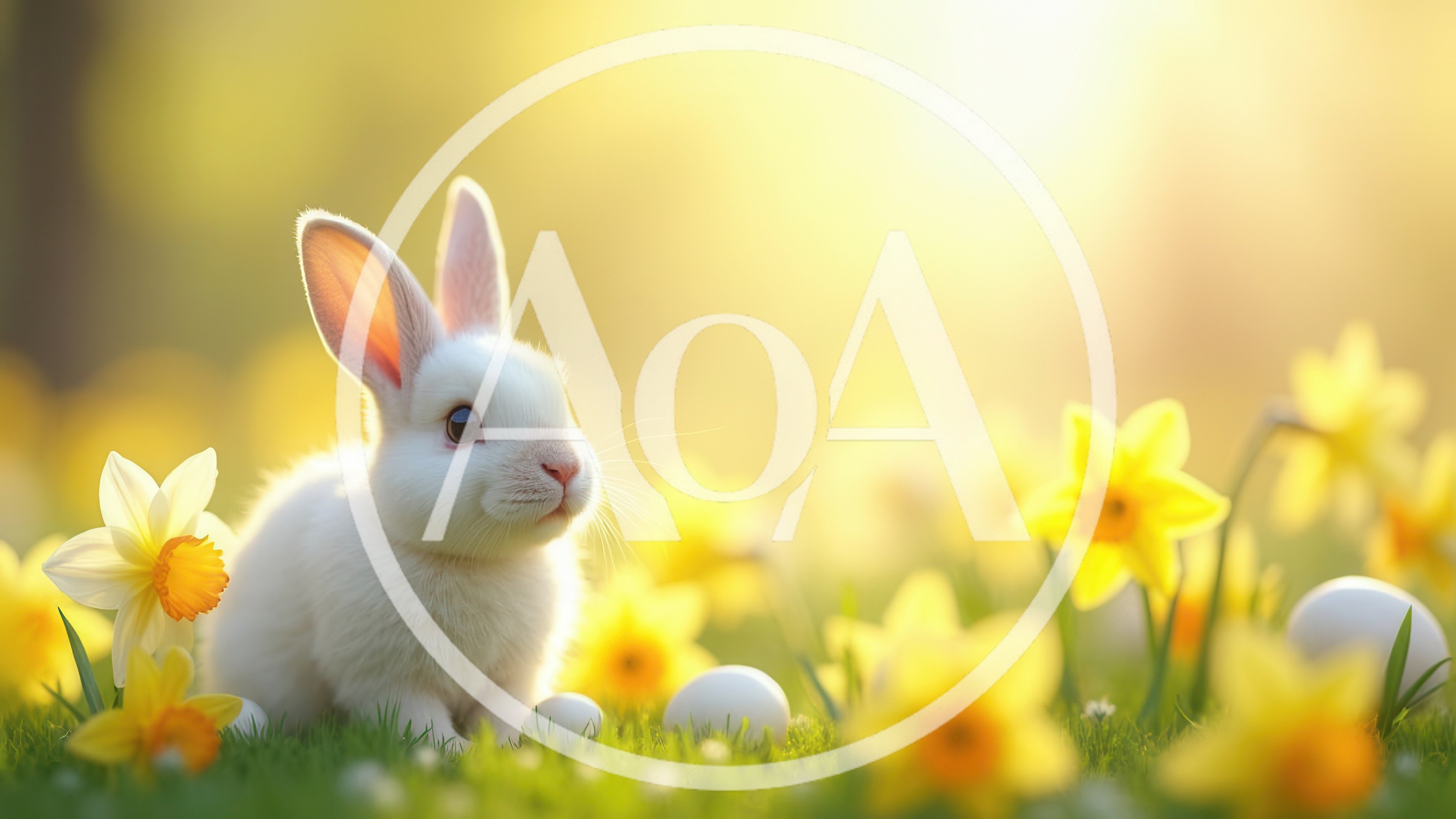 Cute White Bunny Sitting Among Yellow Daffodils