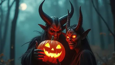 Two Demonic Figures Holding A Glowing Jack O Lantern