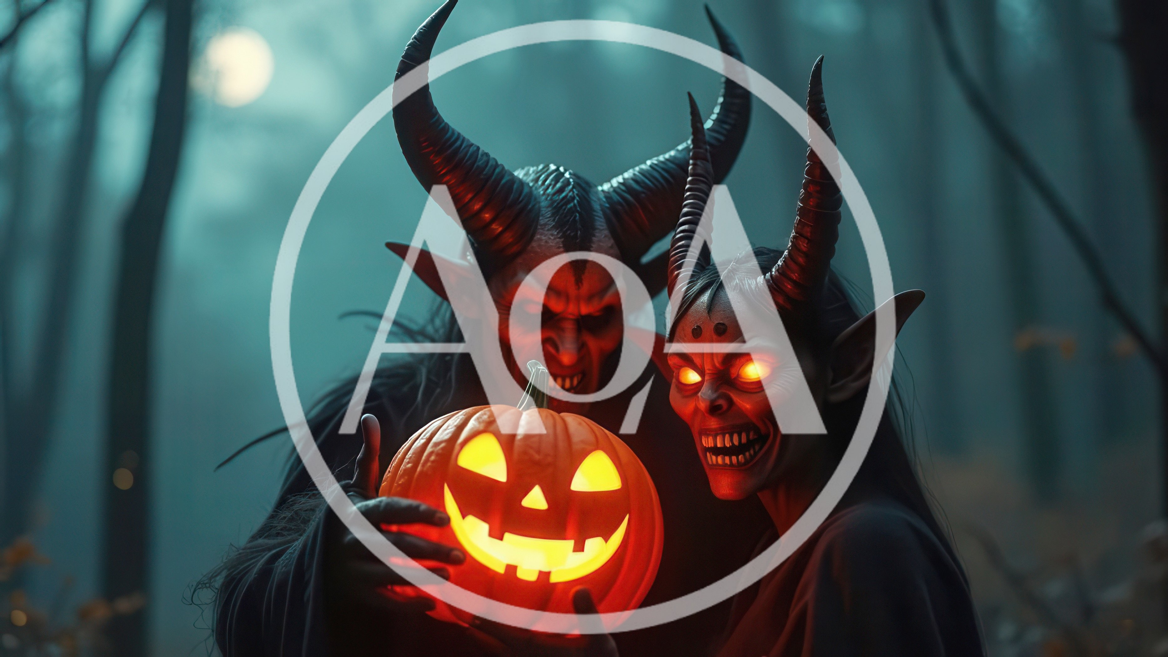 Two Demonic Figures Holding A Glowing Jack O Lantern
