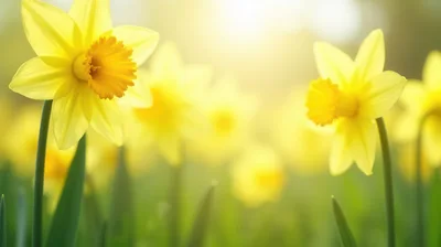 Bright Yellow Daffodils Blooming In A Sunny Spring Garden