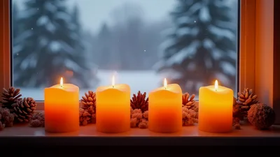 Four Lit Candles on a Snowy Window Sill