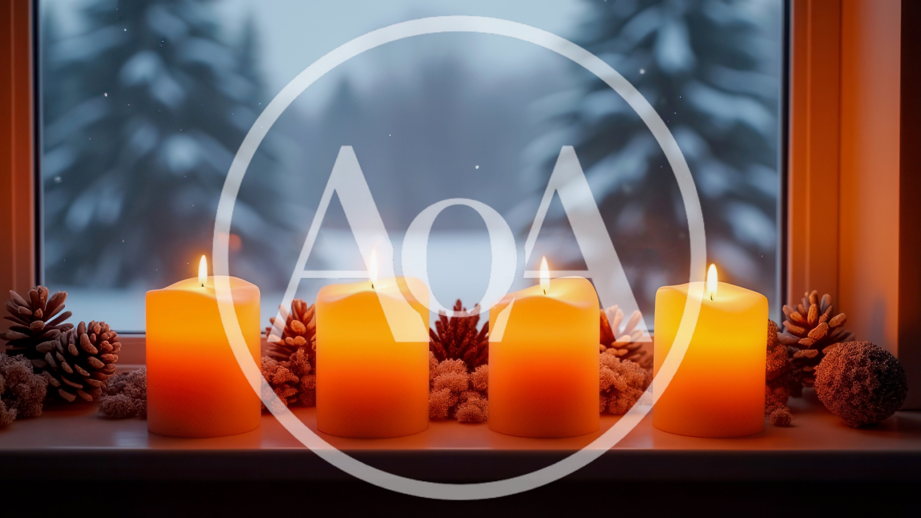 Four Lit Candles on a Snowy Window Sill