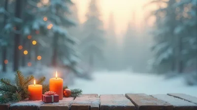 Christmas Candles And Gift On Snowy Wooden Table