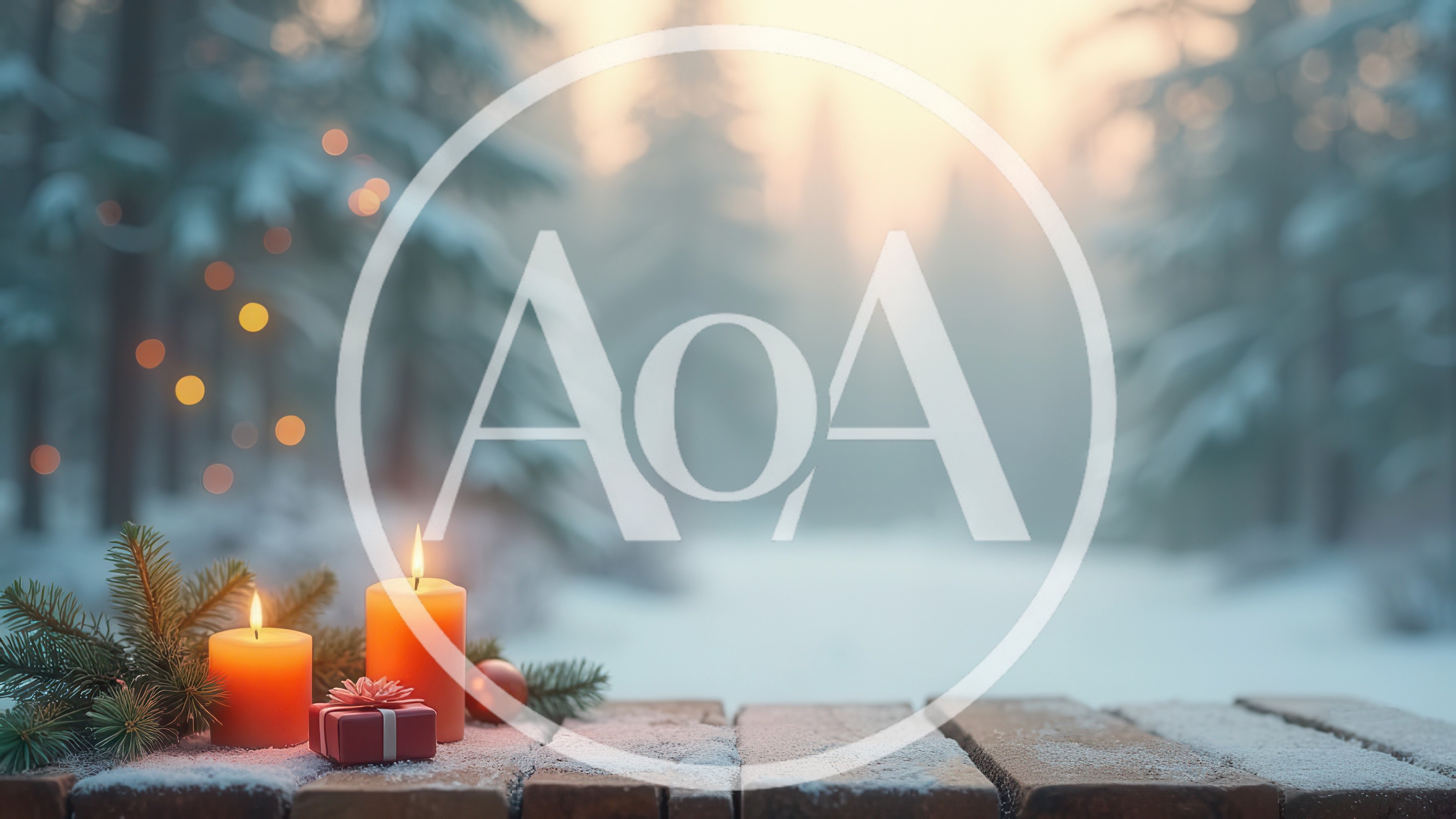 Christmas Candles And Gift On Snowy Wooden Table