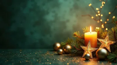 Christmas Candle With Golden Stars And Ornaments