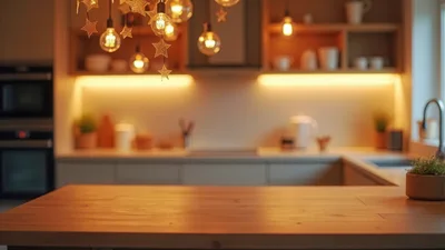 Empty Wooden Kitchen Countertop With Warm Ambient Lighting