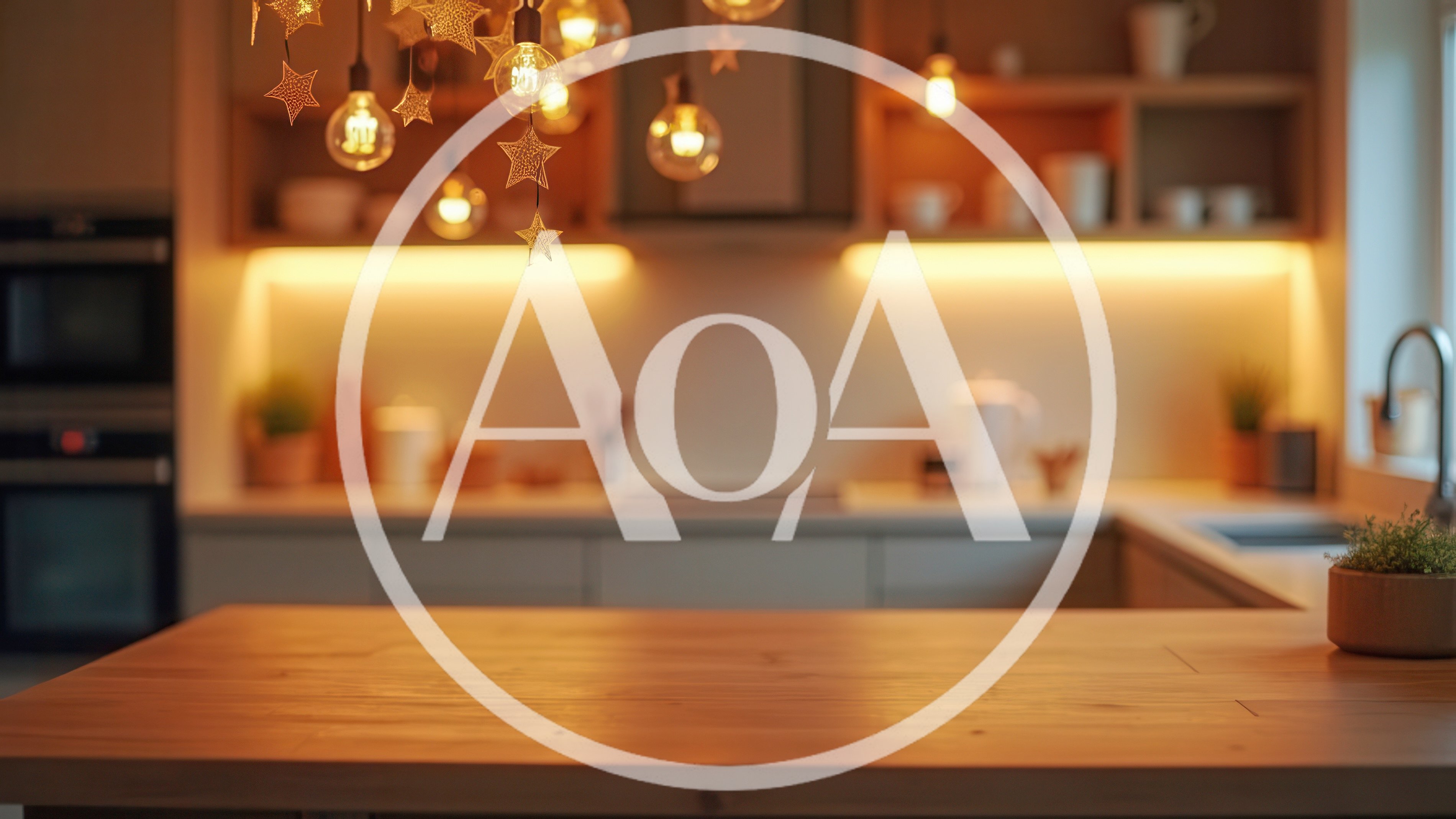Empty Wooden Kitchen Countertop With Warm Ambient Lighting