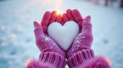 Person Holding A Snow Heart In Pink Mittens
