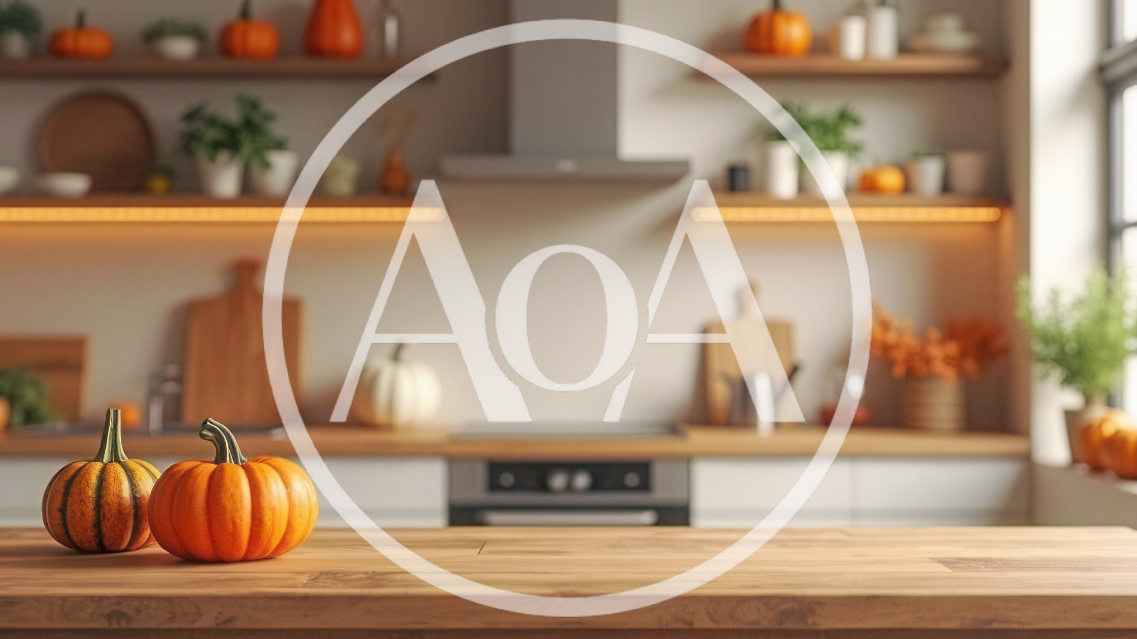 Two Small Pumpkins On A Wooden Kitchen Counter