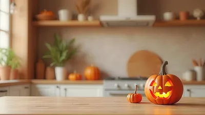Jack O Lantern Pumpkin On Kitchen Counter