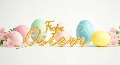 Golden Frohe Ostern Text With Pastel Easter Eggs
