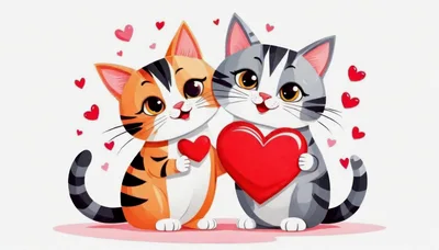 Two Cute Cartoon Cats Holding Hearts