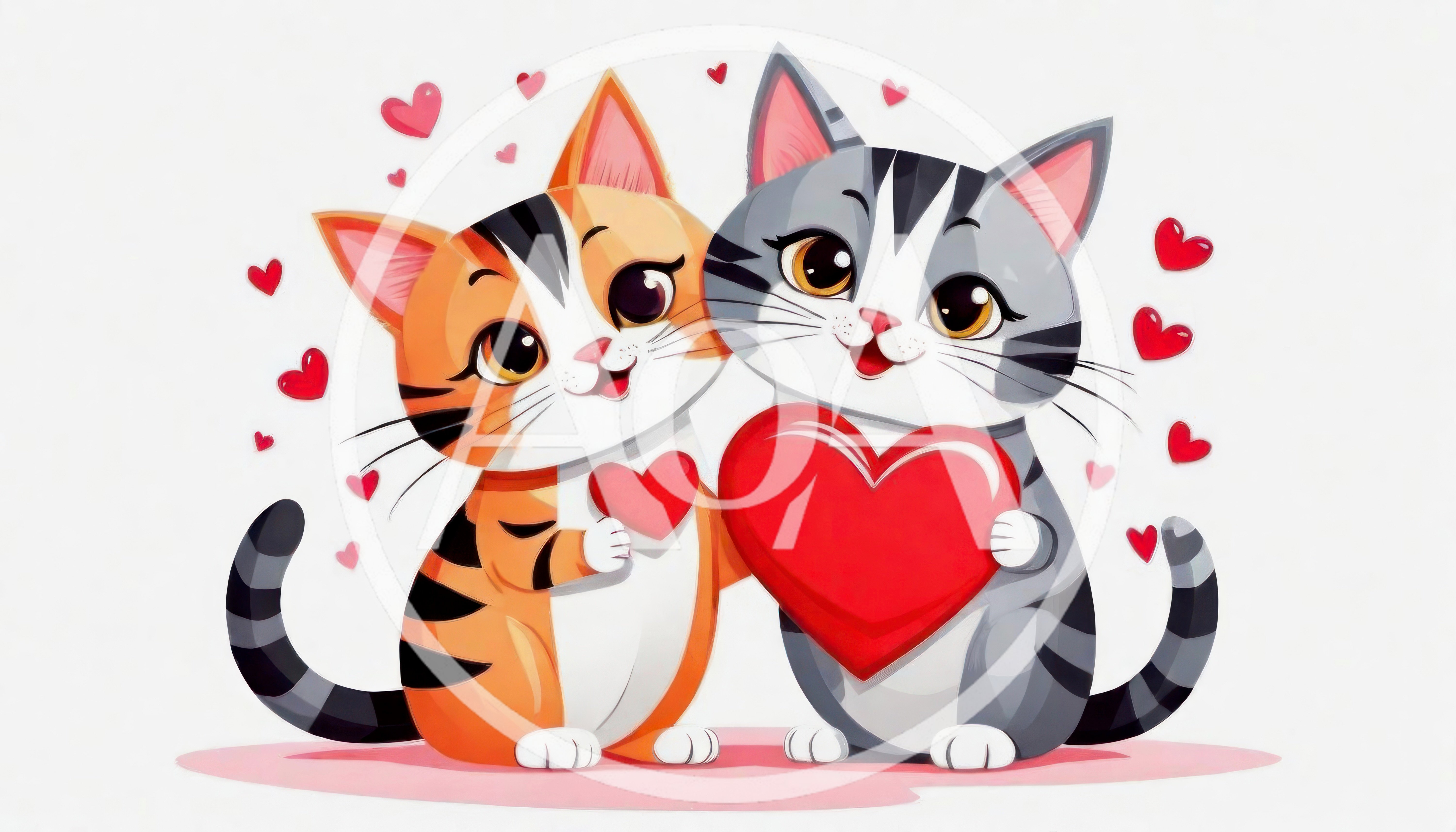Two Cute Cartoon Cats Holding Hearts