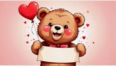 Cute Teddy Bear Holding Blank Sign and Heart Balloon