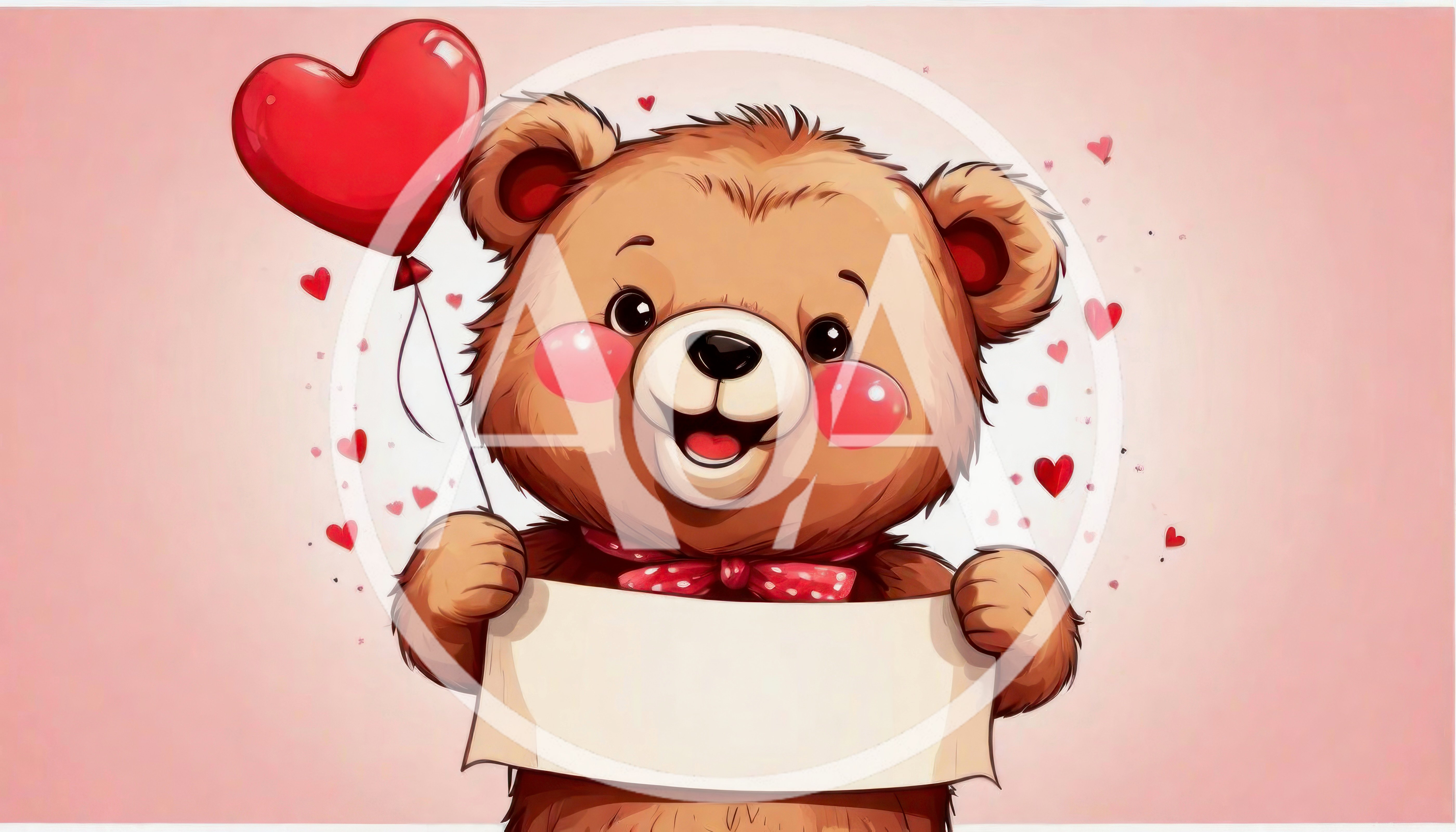 Cute Teddy Bear Holding Blank Sign and Heart Balloon