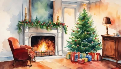 Watercolor Illustration Of A Cozy Christmas Living Room