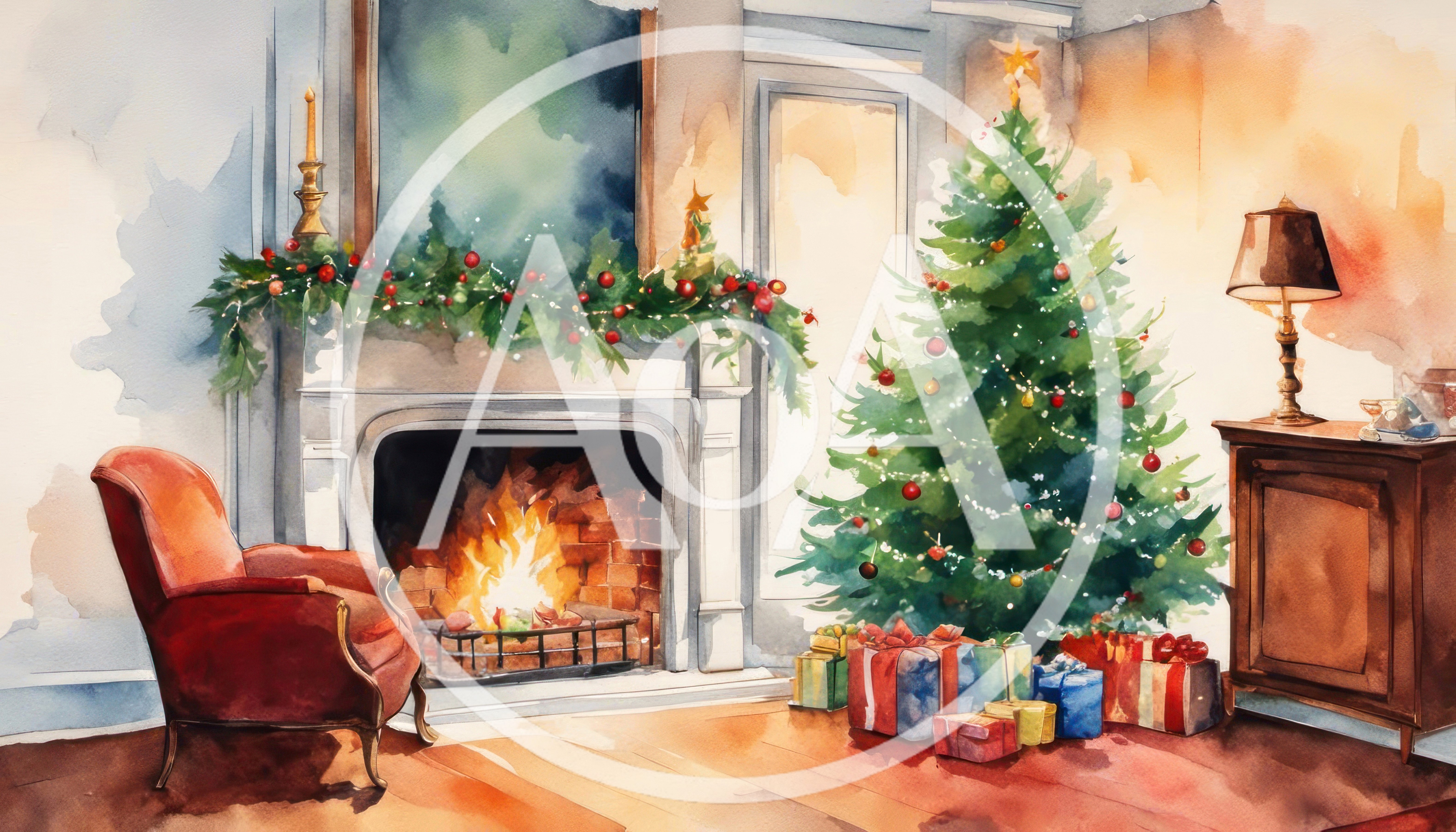 Watercolor Illustration Of A Cozy Christmas Living Room