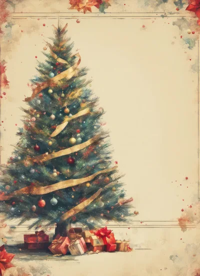 Watercolor Christmas Tree With Gifts And Ribbon