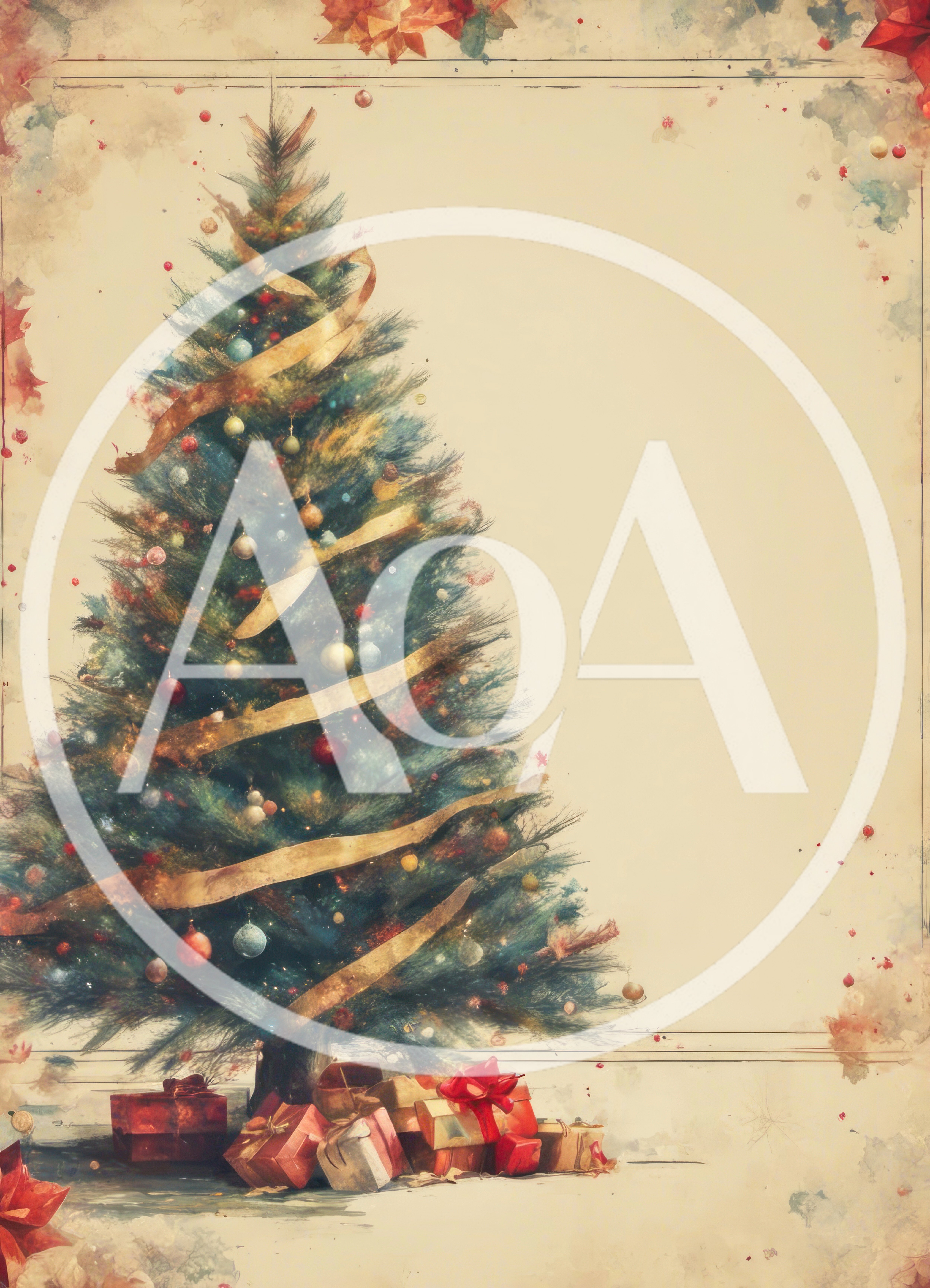 Watercolor Christmas Tree With Gifts And Ribbon