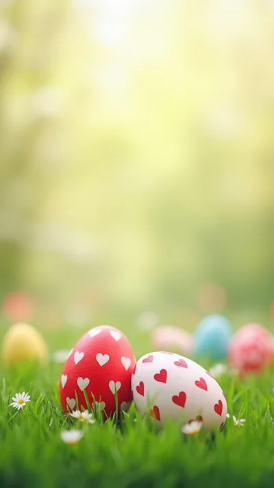 Easter Eggs With Heart Patterns In Green Grass