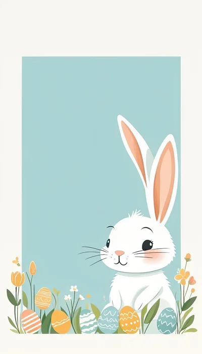 Cute White Easter Bunny With Colorful Decorated Eggs