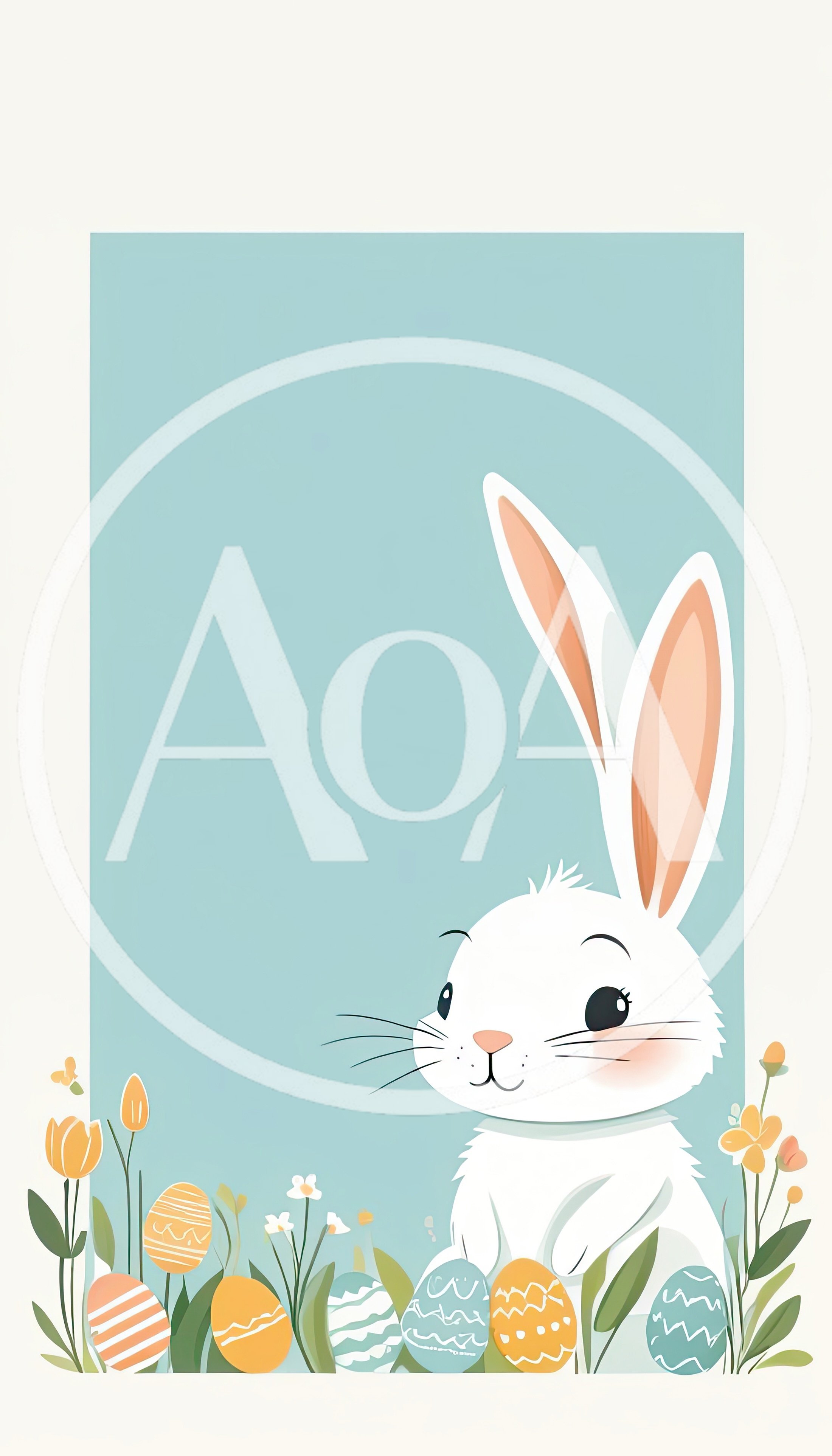 Cute White Easter Bunny With Colorful Decorated Eggs