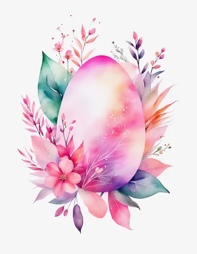 Watercolor Easter Egg Surrounded By Floral Botanical Elements
