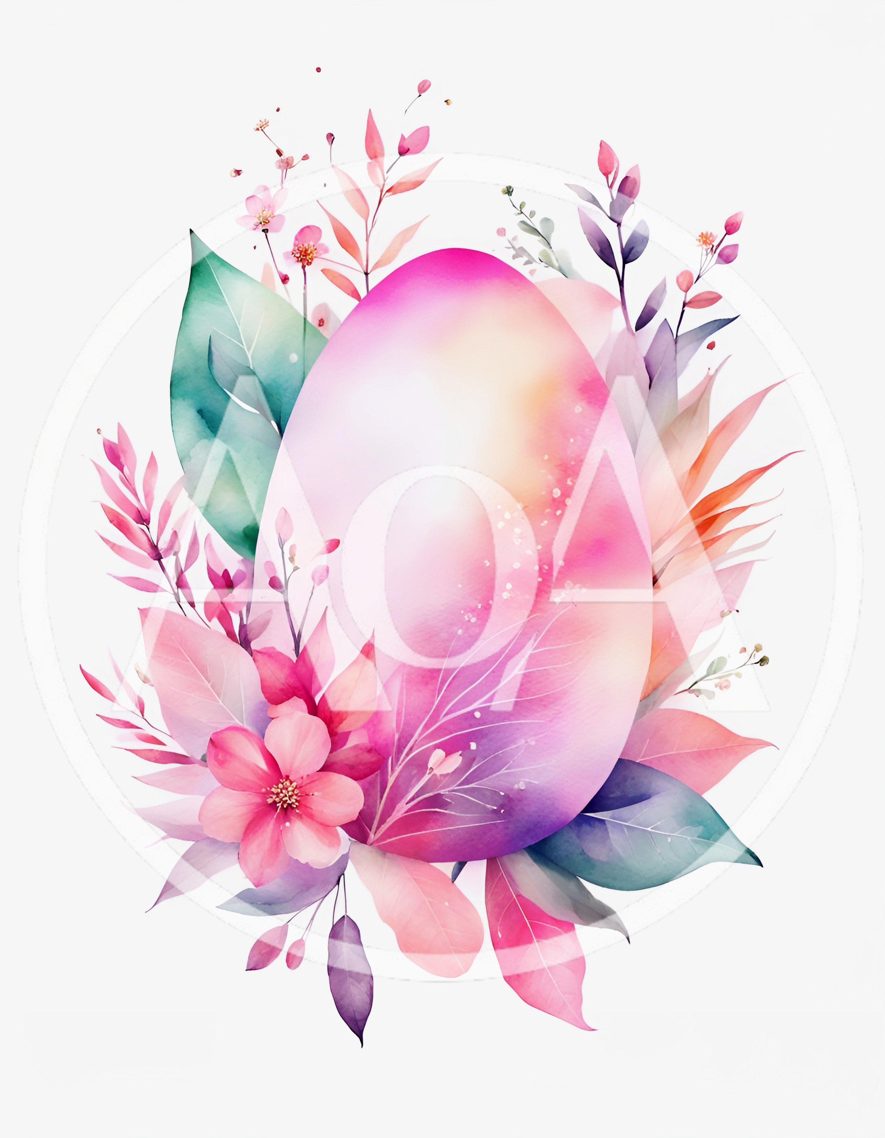 Watercolor Easter Egg Surrounded By Floral Botanical Elements