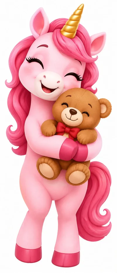 Cute Pink Unicorn Hugging A Brown Teddy Bear