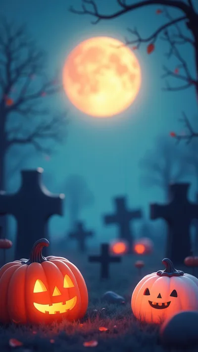 Jack O Lanterns in a Spooky Graveyard at Night