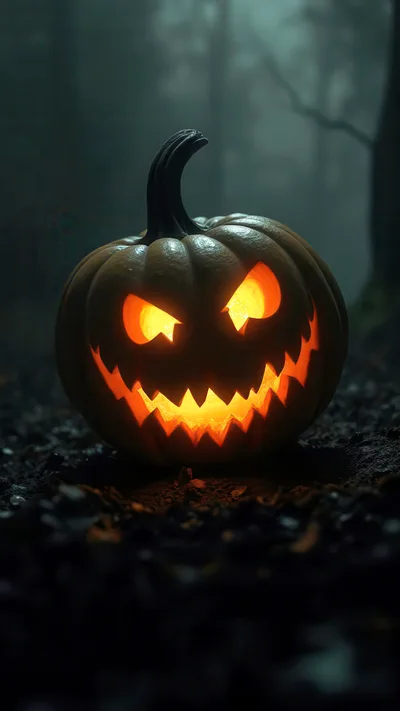 Glowing Jack O Lantern In A Dark Misty Forest