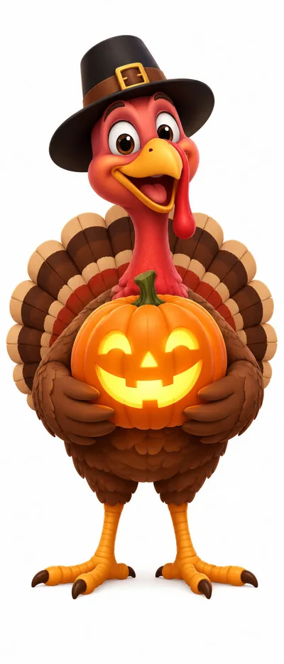 Cartoon Turkey Wearing Pilgrim Hat Holding Jack O Lantern