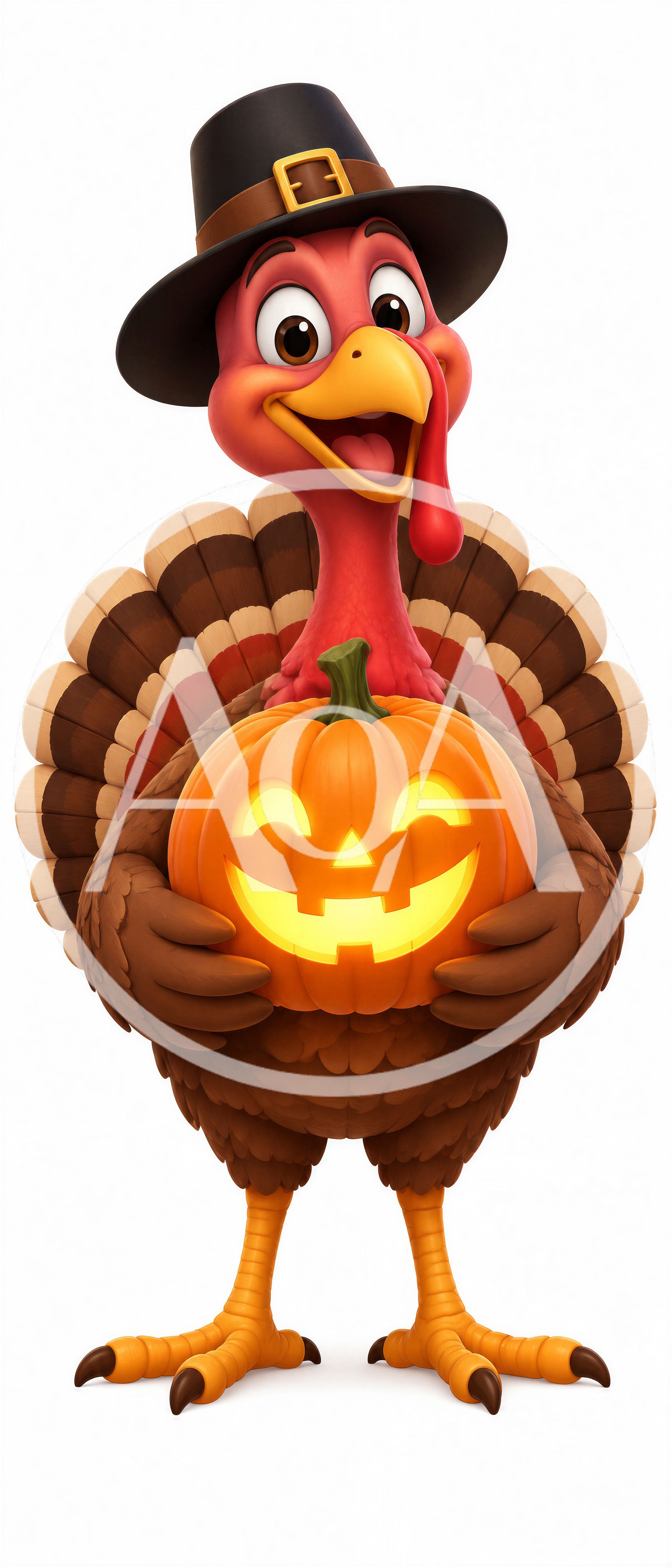 Cartoon Turkey Wearing Pilgrim Hat Holding Jack O Lantern