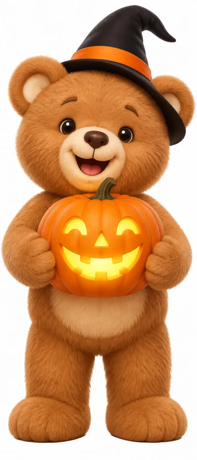 Cute Teddy Bear Wearing Witch Hat Holding Glowing Pumpkin
