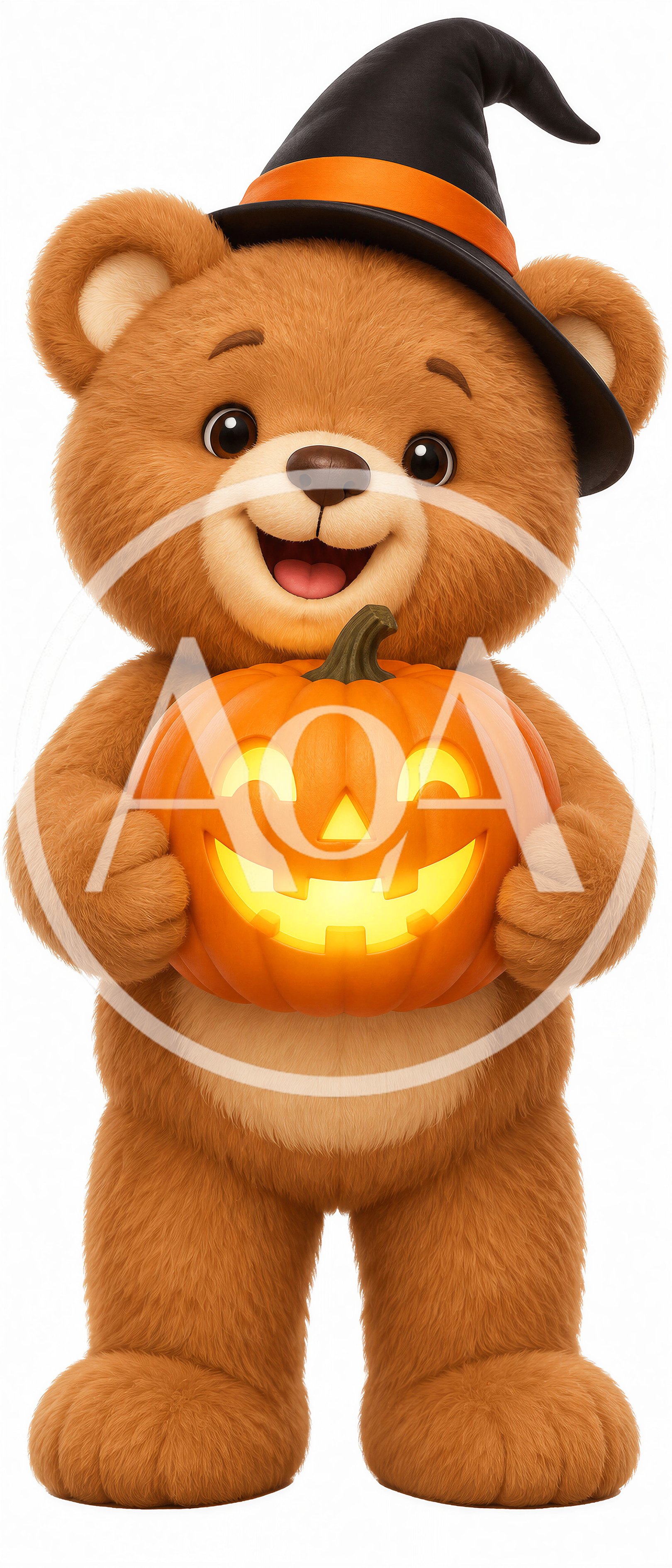 Cute Teddy Bear Wearing Witch Hat Holding Glowing Pumpkin