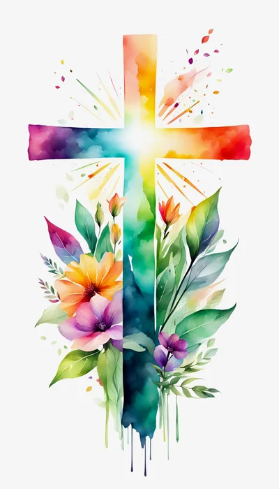 Watercolor Christian Cross With Vibrant Floral Arrangement