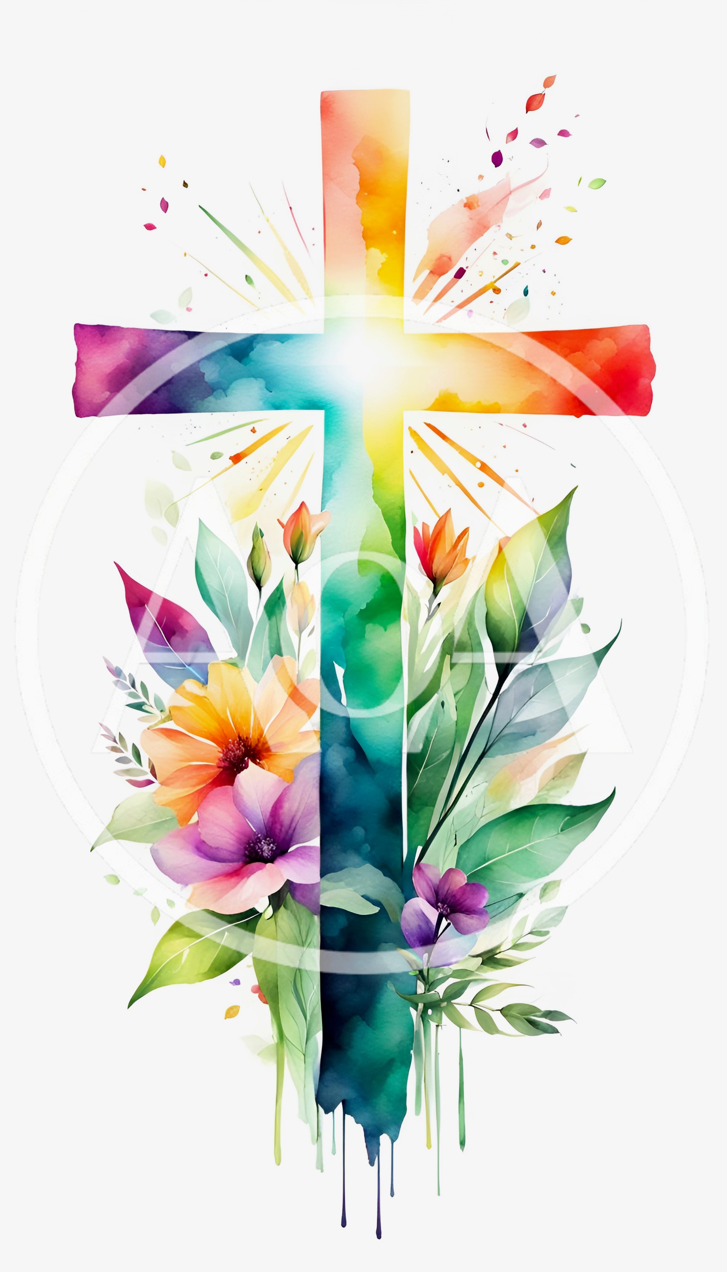 Watercolor Christian Cross With Vibrant Floral Arrangement