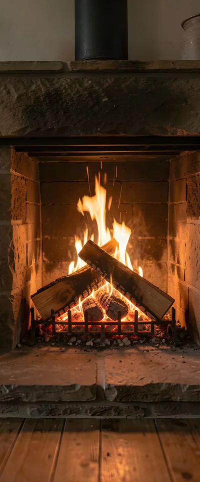 Cozy Fireplace With Burning Logs In Stone Hearth