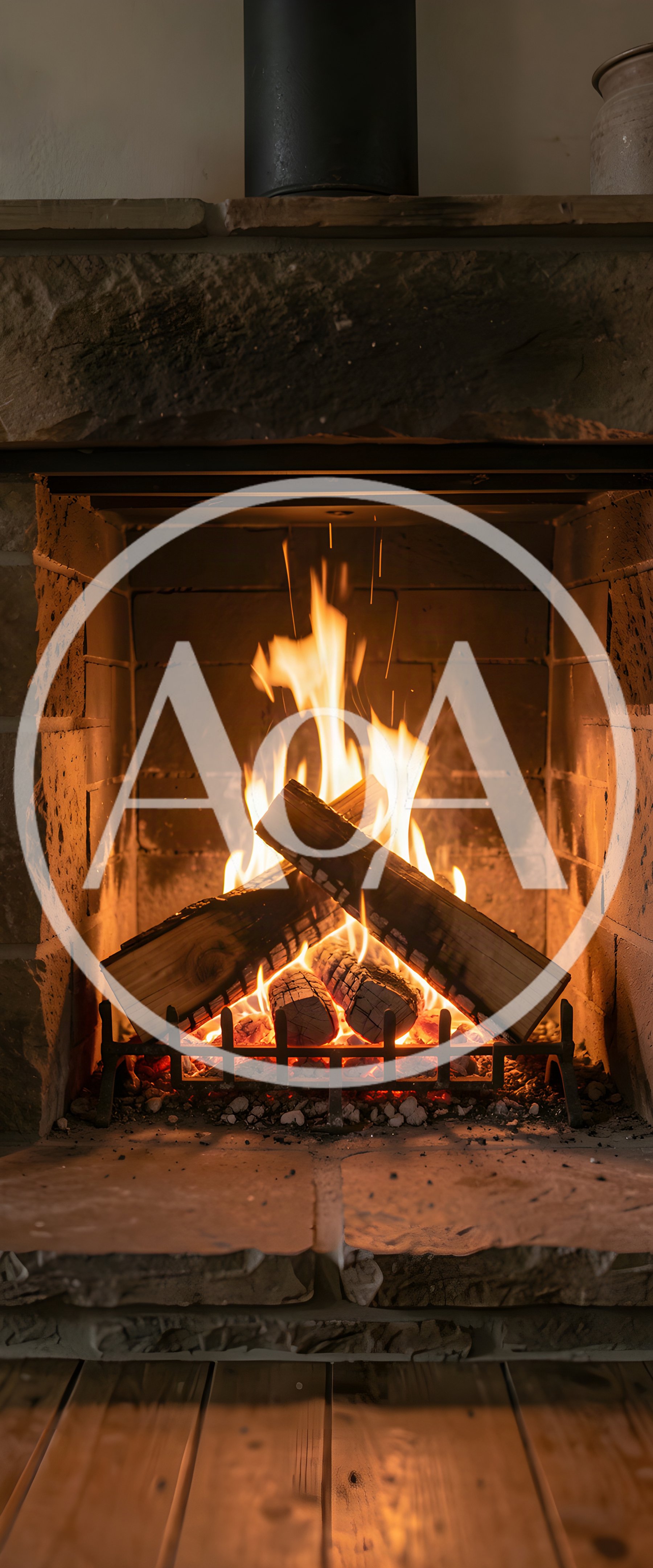 Cozy Fireplace With Burning Logs In Stone Hearth