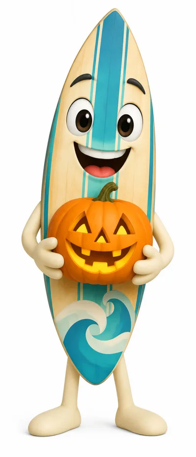 Cartoon Surfboard Character Holding A Jack O Lantern