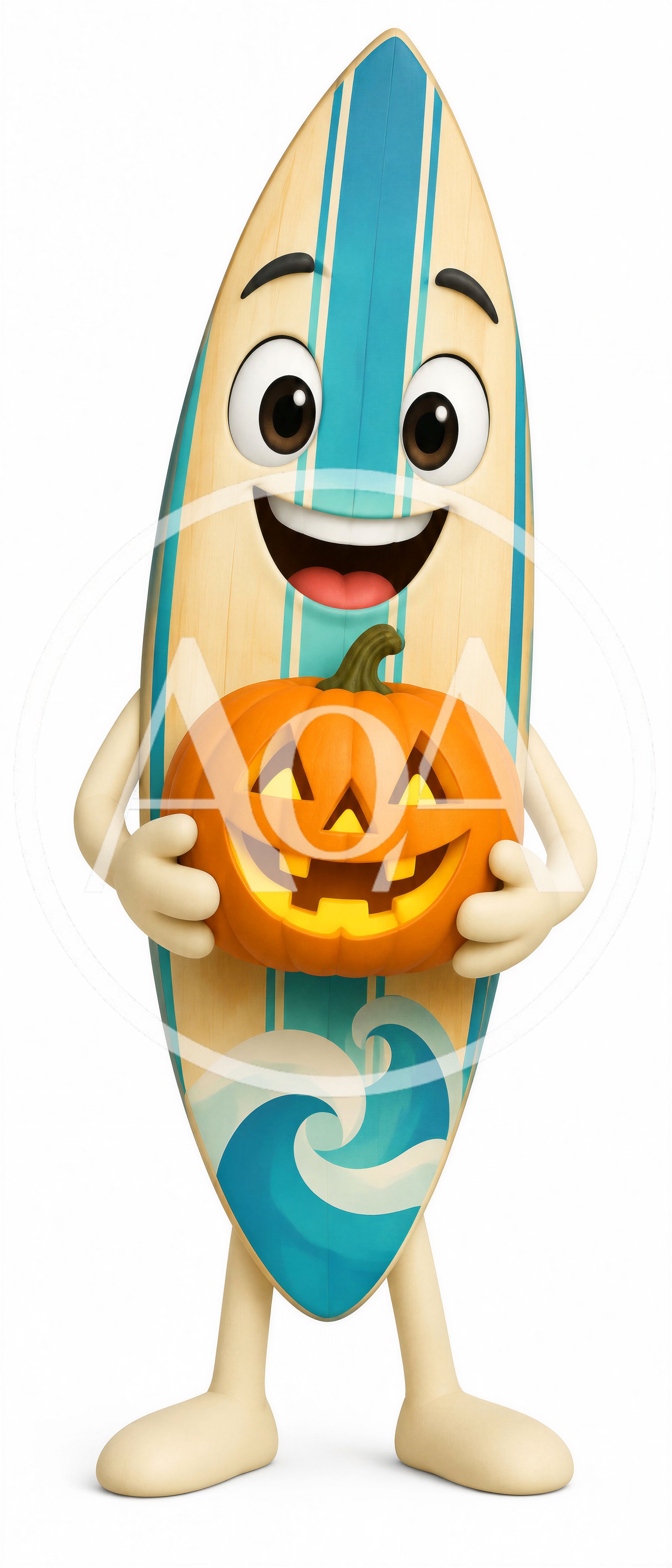 Cartoon Surfboard Character Holding A Jack O Lantern
